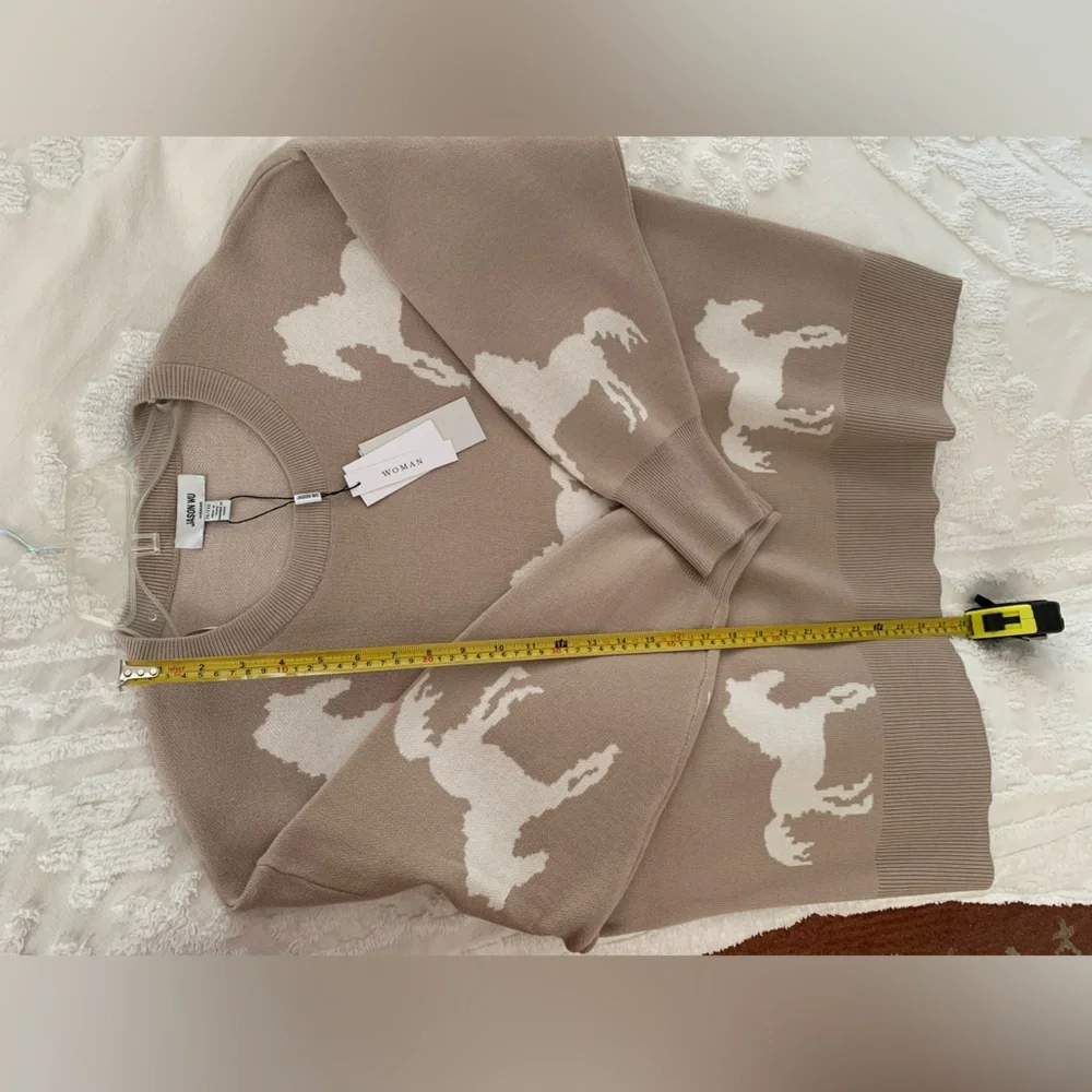 NWT Jason Wu Sweater: Beige w/White Horses, Crewneck, Long Sleeves, Viscose 2X - Picture 12 of 13
